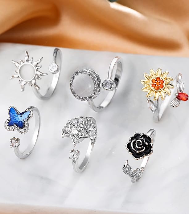KOHOTA Fidget Rings for Women Spinner Ring for Anxiety Adjustable CZ Sunflower Butterfly Rose Star Moon Stress Relief Open Rings Set…