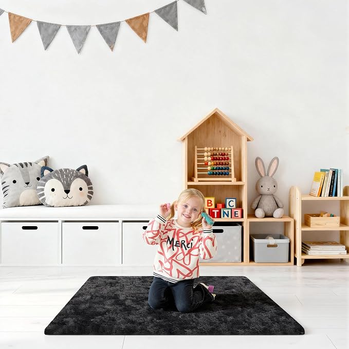 2x3 Rugs for Bedroom, Fluffy Area Rugs for Living Room, Small Fuzzy Shag Soft Carpet with 4 Non-Slip Adhesive Strips for Kids Boys and Girls Nursery Dorm Decor (2ft X 3ft, Tie-Dyed Black Grey)