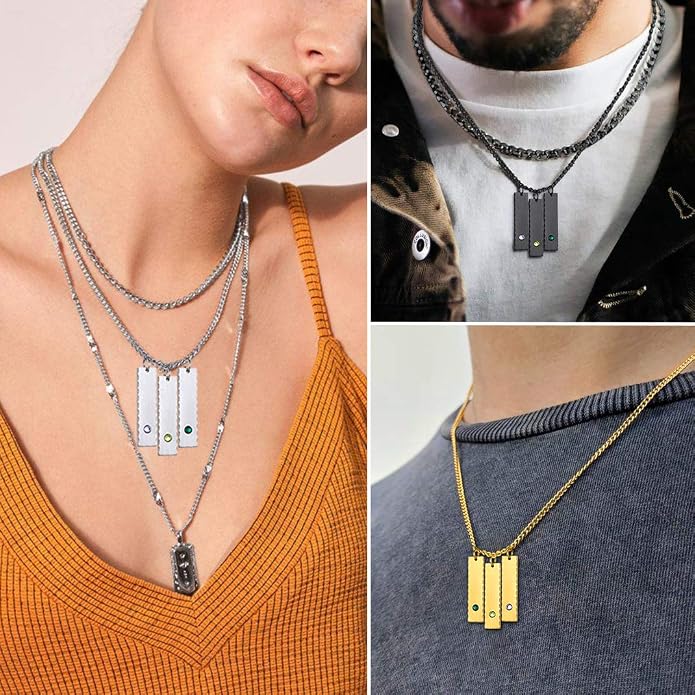 GOLDCHIC JEWELRY Personalized Birthstone Name Necklaces for Men Women, Engraved Family Names Necklace with Birthstone Vertical Bar Necklace, Pendant for Husband/Father/Grandma/Wife Birthday Gifts