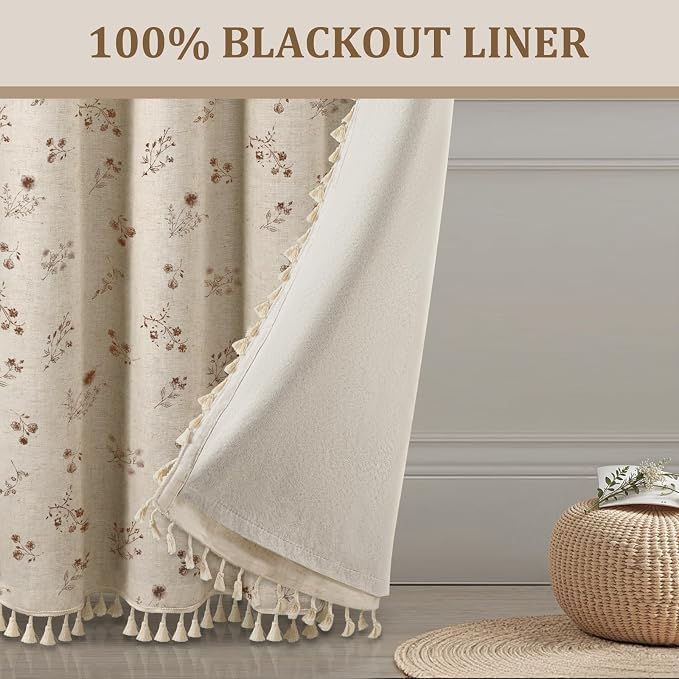 Boho Floral Spring 100% Blackout Curtains 84 Inch Length 2 Panels Set, Linen Texture Farmhouse Curtains with Beige Tassel for Living Room Bedroom, Vintage Rustic Rod Pocket,Brown