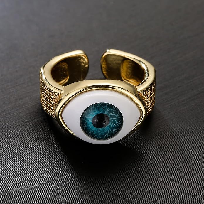18K Gold Plated Fashion 3D Evil Eye Charm Finger Ring For Women Men Adjustable