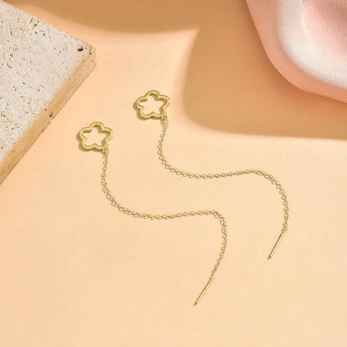 Flower Threader Drop Earrings for Women, 925 Sterling Silver Dainty Hollow Floral Dangle Earrings to Daughter Mother 14k Gold Plated Flowers Long Tassel Chain Earring Birthday Wedding Jewelry Gift