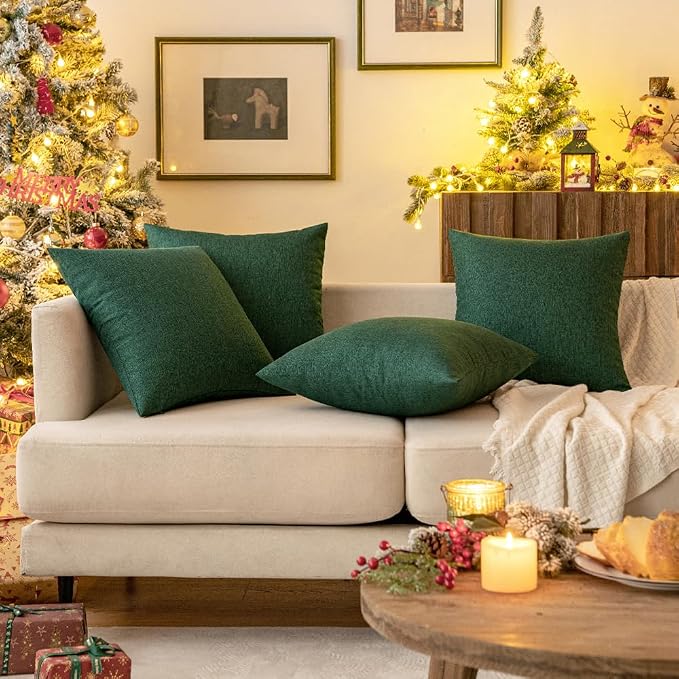 MIULEE Pack of 2 Decorative Outdoor Solid Waterproof Throw Pillow Covers Faux Linen Garden Farmhouse Cushion Cases for Patio Tent Balcony Couch Sofa 16x16 Inch Emerald Green