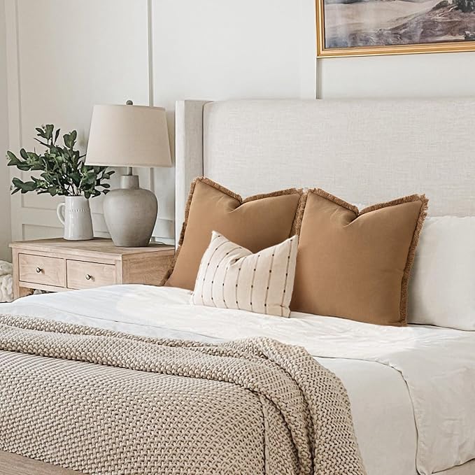 ZWJD Pillow Covers 18x18 Set of 2 Camel Throw Pillow Covers with Fringe Chic Cotton Decorative Pillows Square Cushion Covers for Sofa Couch Bed Living Room Farmhouse Boho Decor