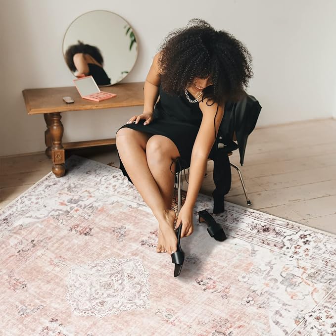MUJOO 5'x7' Area Rugs Pink Washable Boho Rug Non Slip Low-Pile Floral | Machine Washable Large Throw Carpet for Bedroom Living Room Dining Room Soft Floor Indoor Abstract Flowers Light Blush