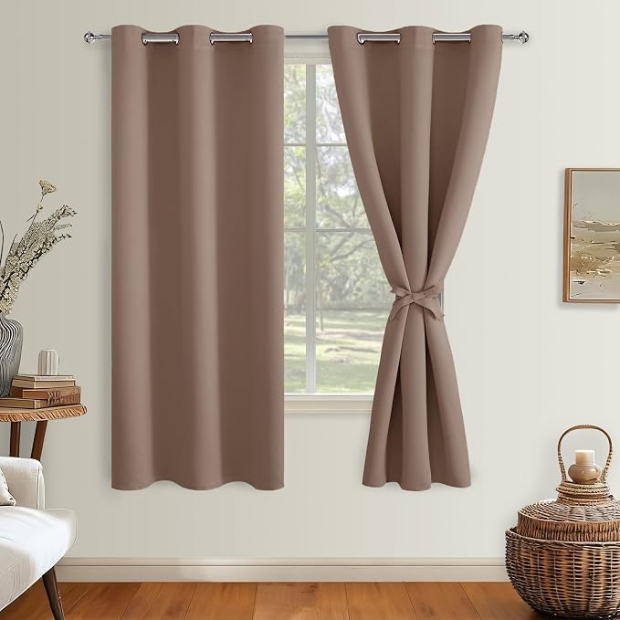 Hiasan Blackout Curtains for Bedroom and Living Room, Light Blocking, Noise Reducing Window Curtain Panels, Tiebacks Included, Set of 2, Grommet Top (Cappuccino, Width 42 Inch x Length 72 Inch)