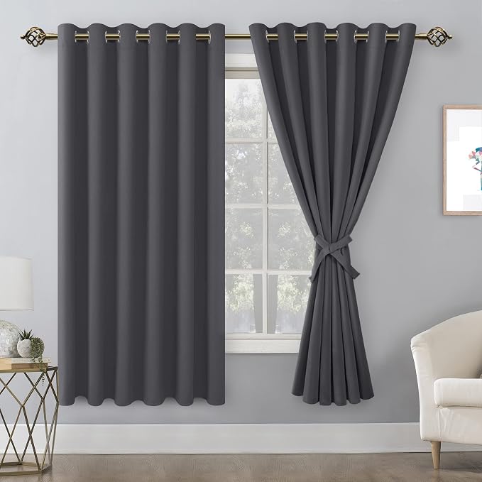 Hiasan Grommet Blackout Curtains for Bedroom, 70 x 63 Inches - Thermal Insulated & Light Blocking Window Drapes for Living Room/Dorm Room, Set of 2 Panels Sewn with Tiebacks, Dark Grey