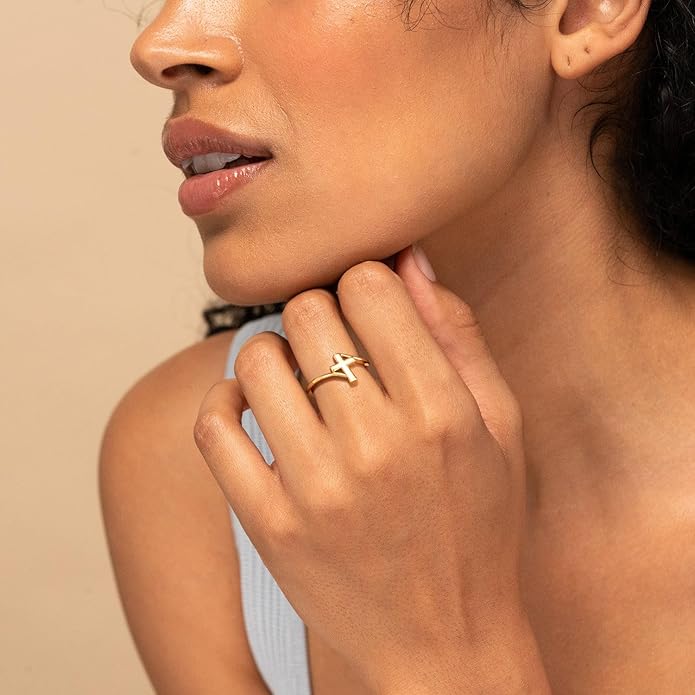 Gold Cross Statement Rings for Women 14K Gold Silver Tone Non Tarnish Cute Band High Polished Smooth Comfort Fit Size 5-10