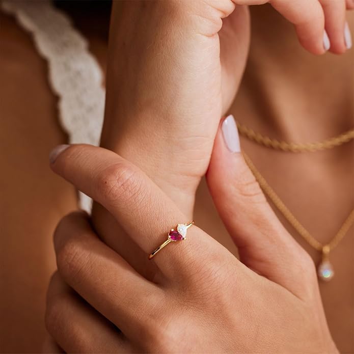 Mothers Day Gifts Gold Heart Birthstone Rings for Women Non Tarnish Stackable Pinky Ring Dainty 14K Gold Plated CZ Gemstone Ring Wedding Promise Ring Birthday Jewelry Gift for Mom