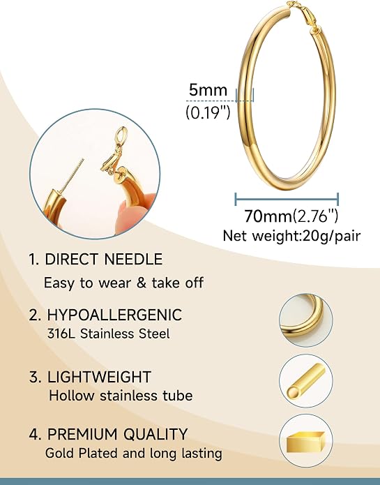 Stainless Steel Chunky Hoop Earrings For Women, Minimalist and Chic, Black/Gold Plated, Round Hoops Earrings Hypoallergenic, Size: 30mm/40mm/60mm/80mm, Come with Box