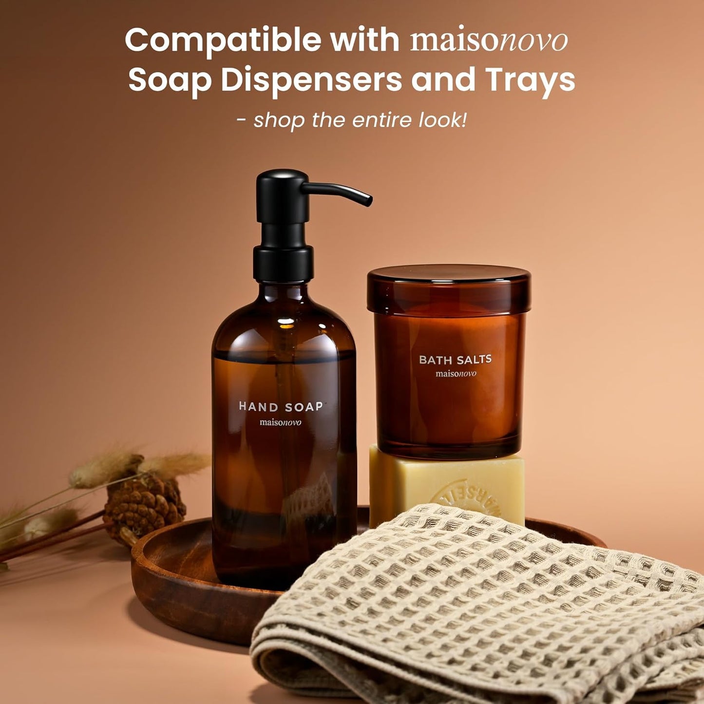 MaisoNovo Qtip Holder Bathroom Set – Airtight Glass Qtip Holder with Lid to Store Q Tips, Cotton Rounds, Cotton Balls, Floss Picks, Hair Ties with free labels pack - 2 Amber Jars with Glass Lids