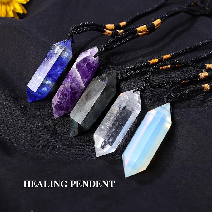 Runyangshi Opal Healing Crystal Pendants, Double Pointed Crystal Quartz Necklace 6 Faceted Chakra Crystal Wand Stone