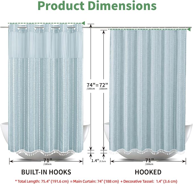 eachope Boho Farmhouse No Hook Shower Curtain Set with Snap-in Fabric Liner,Heavy-Duty Linen Textured Rustic Striped Design,Water-Repellent with Tassels and Sheer Window,Fog Blue,71x74