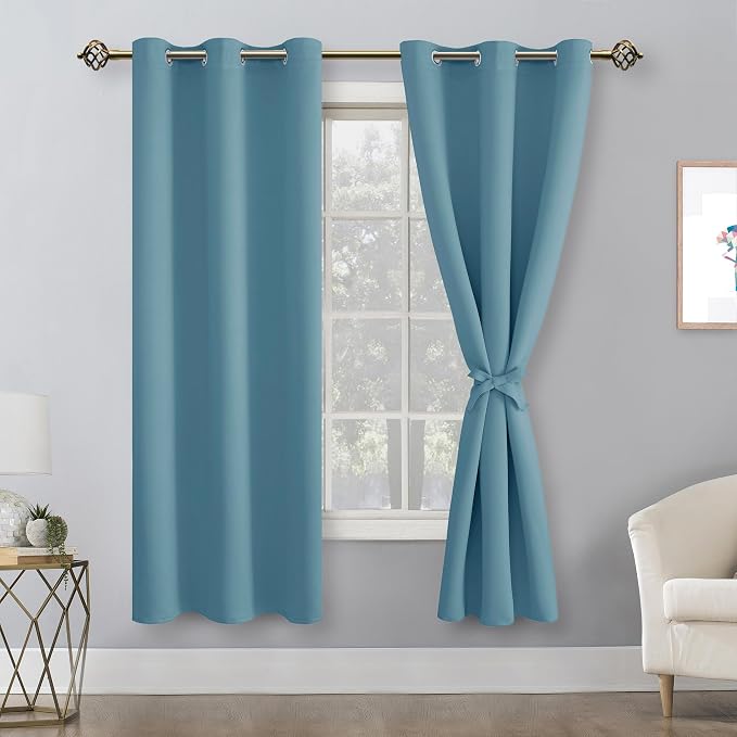 Hiasan Blackout Curtains for Bedroom, 42 x 63 Inches Length - Thermal Insulated & Noise reducing Window Curtains for Living Room, 2 Drape Panels Sewn with Tiebacks, Stone Blue
