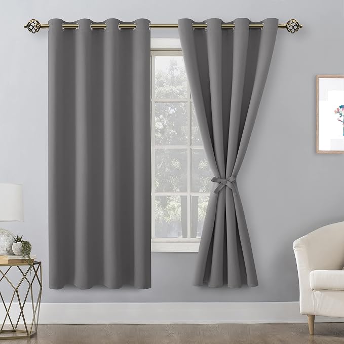 Hiasan Blackout Curtains for Bedroom, 52 x 63 Inches Length - Thermal Insulated & Light Blocking Window Curtains for Living Room, 2 Drape Panels Sewn with Tiebacks, Light Grey