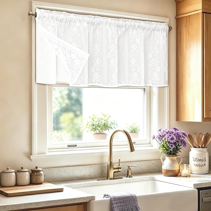 ASPMIZ Linen Valances for Windows Double Layer Valance Curtains with Lace Overlay, White Kitchen Curtains Light Filtering, Rod Pocket Window Valances for Living Room, Kitchen, Cafe, Bathroom, 52x18