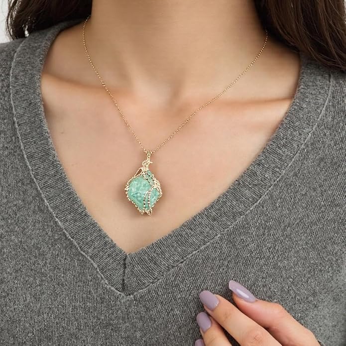 YGLINE Natural Raw Stone Healing Crystal Necklace Wire Wrapped Pendant for Womens Ladies