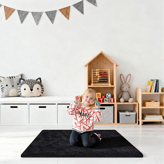 Black Rugs for Bedroom, 2x3 Fluffy Area Rugs for Living Room, Small Fuzzy Shag Soft Carpet with 4 Non-Slip Adhesive Strips for Kids Boys and Girls Nursery Dorm Room Home Decor (2ft X 3ft)