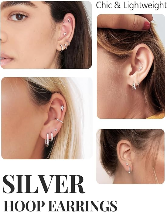 Silvora Sterling Silver Hoop Earrings for Women, Small Hoops 14K Gold Plated/925 Silver/Rose Gold/Black, Hypoallergenic Huggie Lightweight Cartilage Sleeper Earrings 8/10/12/14/16/18/20mm