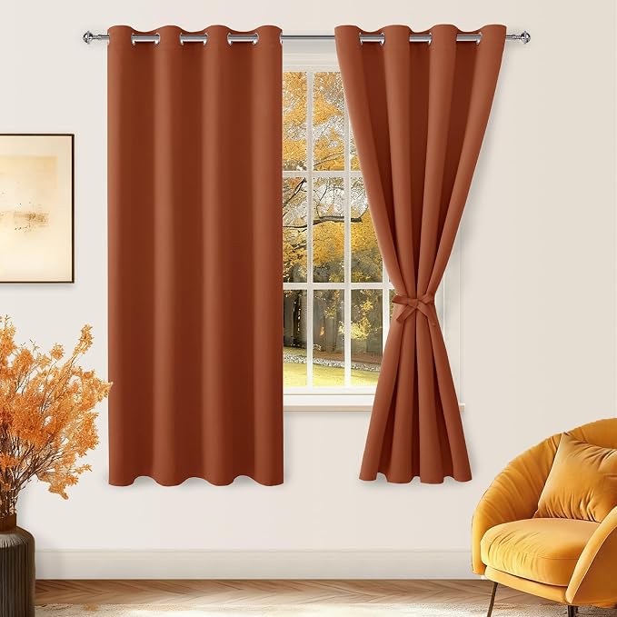 Hiasan Fall Blackout Curtains for Bedroom, 52 x 63 Inches Length - Thermal Insulated & Light Blocking Window Curtains for Living Room/Kids Room, 2 Drape Panels Sewn with Tiebacks, Burnt Ochre