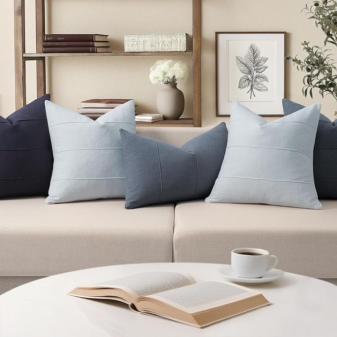 ZWJD Decorative Linen Throw Pillow Covers 26x26 Set of 2 Solid Handcrafted Striped Cushion Covers for Bed Soft Modern Farmhouse Neutral Pillowcase for Couch Bedroom Living Room Home Decor(Sky Blue)