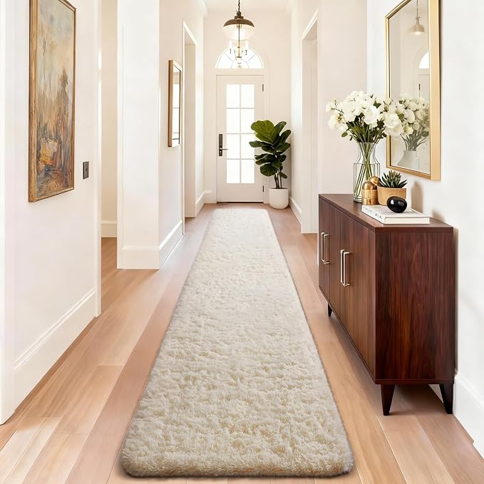 Ophanie 2x10 Runner Rug for Hallway, Upgrade Non-Slip Fluffy Soft Bedside Rugs, Bedroom Living Room Ivory Shaggy Carpet for Kids Dorm Home Decor with Over 99 pcs Pile fibers