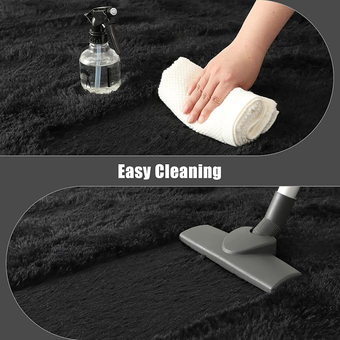 Fluffy Area Rugs for Bedroom Decor Aesthetic, 8x10 Large Black Shag Rug with Non-Slip Backing for Living Room, Fuzzy Plush Carpet Washable Rug Modern Home Decor for Kids Nursery Boys Room