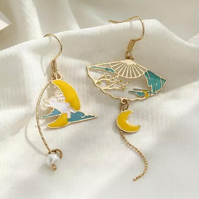 Cute Asymmetric Cat Moon Flower Long Tassel Stud Dangle Earrings Women Jewelry-Rabbit & Moon Fan