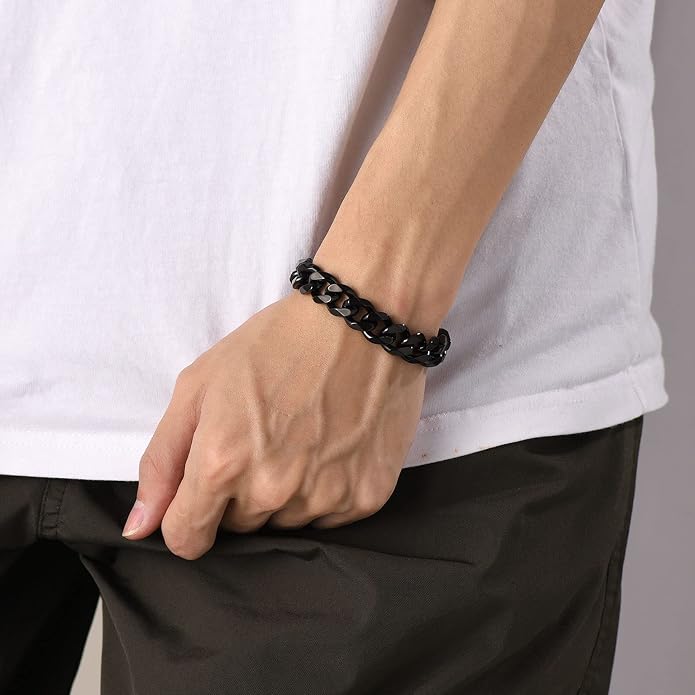 U7 Link Bracelets for Men, Cuban Link/Rope/Watch Band Solid Bracelet, Silver Black Gold Color Wrist Bracelet 3/6/9/12/15mm Width, 6.5/7.5/8.3 Inch Length, Hand Chain Jewelry for Mens Women