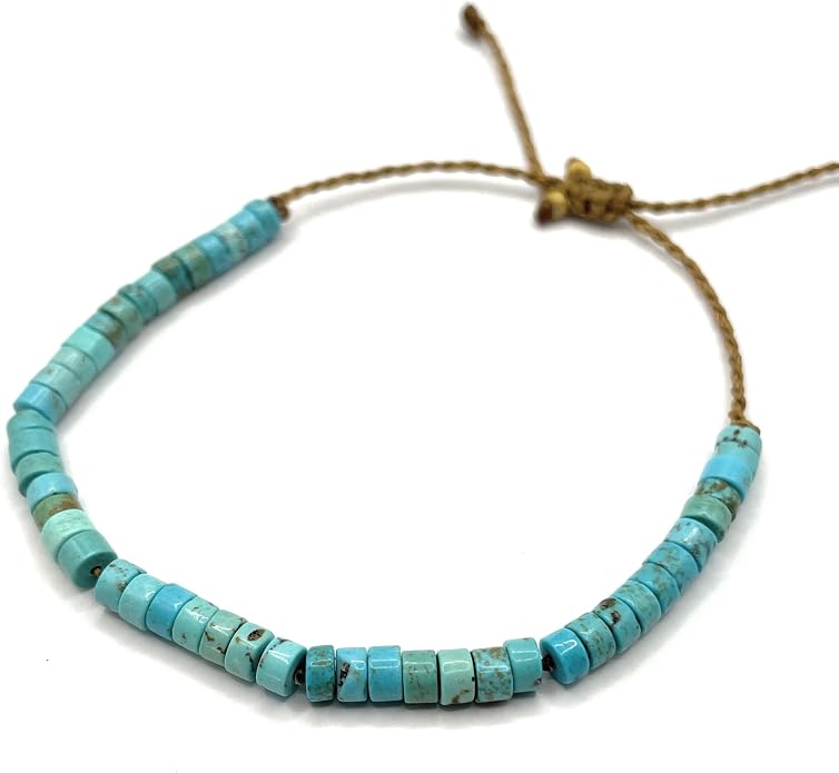 Turquoise Blue Heishi Stone Beaded Bracelet or Anklet for Men and Women, Casual Beach Surfer Jewelry on Hand Spun Rope Cord, Handmade by Beach Soul