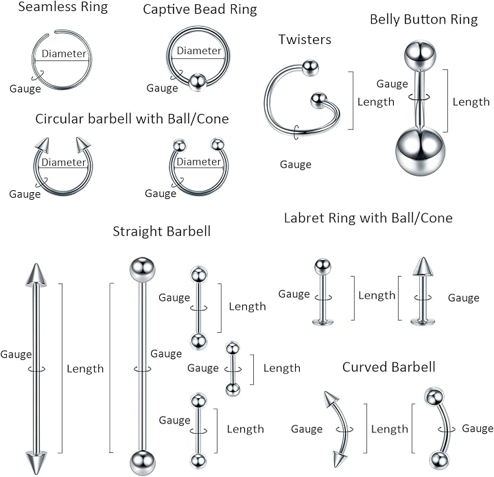 Xpircn 150PCS Piercing Kit Jewelry Stainless Steel Lip Nose Tongue Tragus Cartilage Daith Eeybrow Belly Button Rings Body Piercing Tools 14G 16G 20G