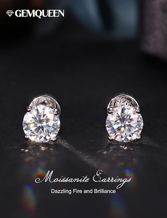 GEMQUEEN Moissanite Earrings Studs : 18K Gold Plated Solid 925 Sterling Silver Stud Earring for Women Men Hypoallergenic Dainty Moissanite Jewelry for Sensitive Ears Round Cut D Color VVS1 2-7.5mm