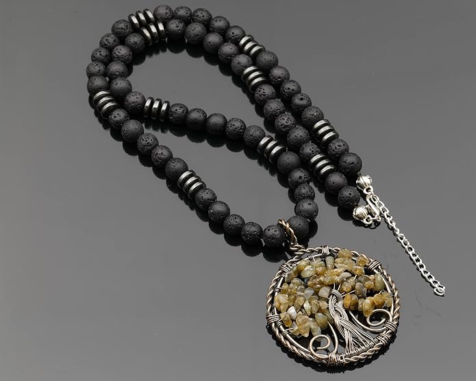 ElisaJewelryArt - Natural Labradorite Big Tree Of Life Black Lava Stone Beaded Necklace Genuine Gemstone Energy Stone Clasp Closure Necklace Unisex Necklace