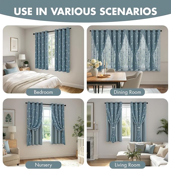 MIULEE Dusty Blue Double Layer Curtains 63 Inches Long, Leaf Patterned Sheer Floral Drapes and Blackout Room Darkening Window Curtains for Living Room Bedroom, Grommets Top, 52" W x 63" L, 2 Panels