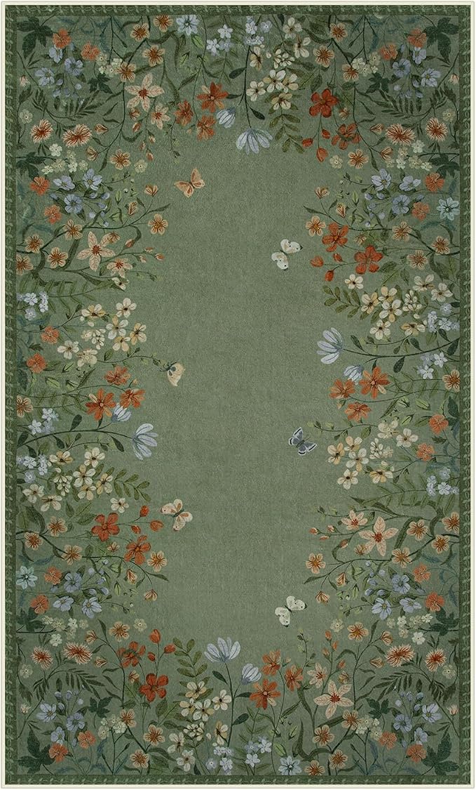 Wonnitar 4x6 Washable Area Rug, Green Floral Rug for Living Room, Boho Rug for Bedroom, Non Slip Ultra Thin Entryway Carpet, Farmhouse Kitchen Home Office Decor (4x6 Green)