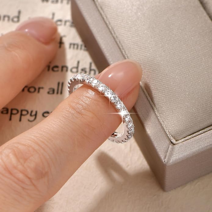 14K Gold Filled Silver Simulated Diamond Moissanite Engagement Promise Ring for Her, Stackable Ring Channel Setting Full Eternity Bridal Band Halo Rings Wedding Bands Size 4 to 10