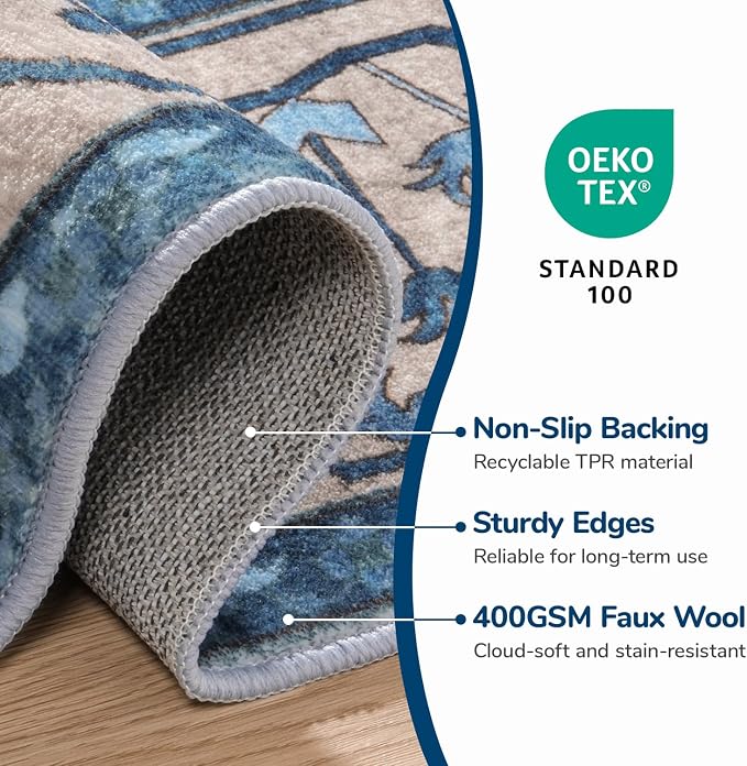 Lessymo 5x7 Area Rugs- Machine Washable Area Rugs, Super Soft Faux-Wool Area Rug for Living Room Bedroom, Boho Area Rug Vintage Floral Medallion Non-Slip Low Pile, Kid & Pet Friendly, Blue Brown