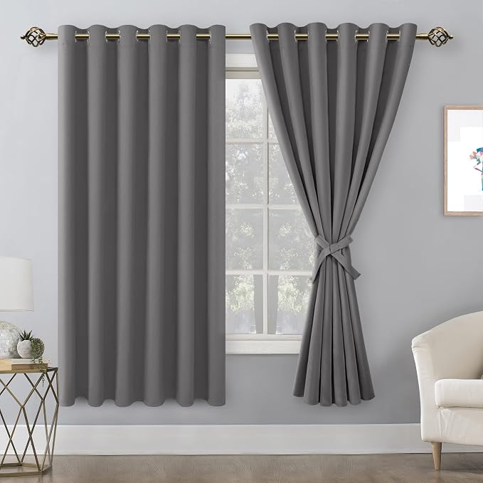 Hiasan Grommet Blackout Curtains for Bedroom, 70 x 63 Inches - Thermal Insulated & Light Blocking Window Drapes for Living Room/Dorm Room, Set of 2 Panels Sewn with Tiebacks, Light Grey