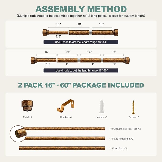 Lootkell 2 Pack Retro Gold Curtain Rods Set for Windows 28 to 48 Adjustable Length Heavy Duty 1" Diameter Window Curtain Rod with Decorative Finials for Outdoor Bedroom Kitchen Living Room Farmhouse