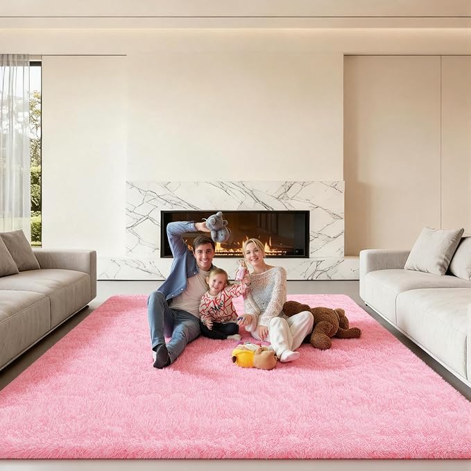 Area Rugs 9x12 Living Room, Large Fluffy Pink Rugs for Bedroom, Fuzzy Shag Soft Non-Slip Carpet for Kids Girls and Boys Nursery Dorm Indoor Room Home Decor (9ft X 12ft, Pink)