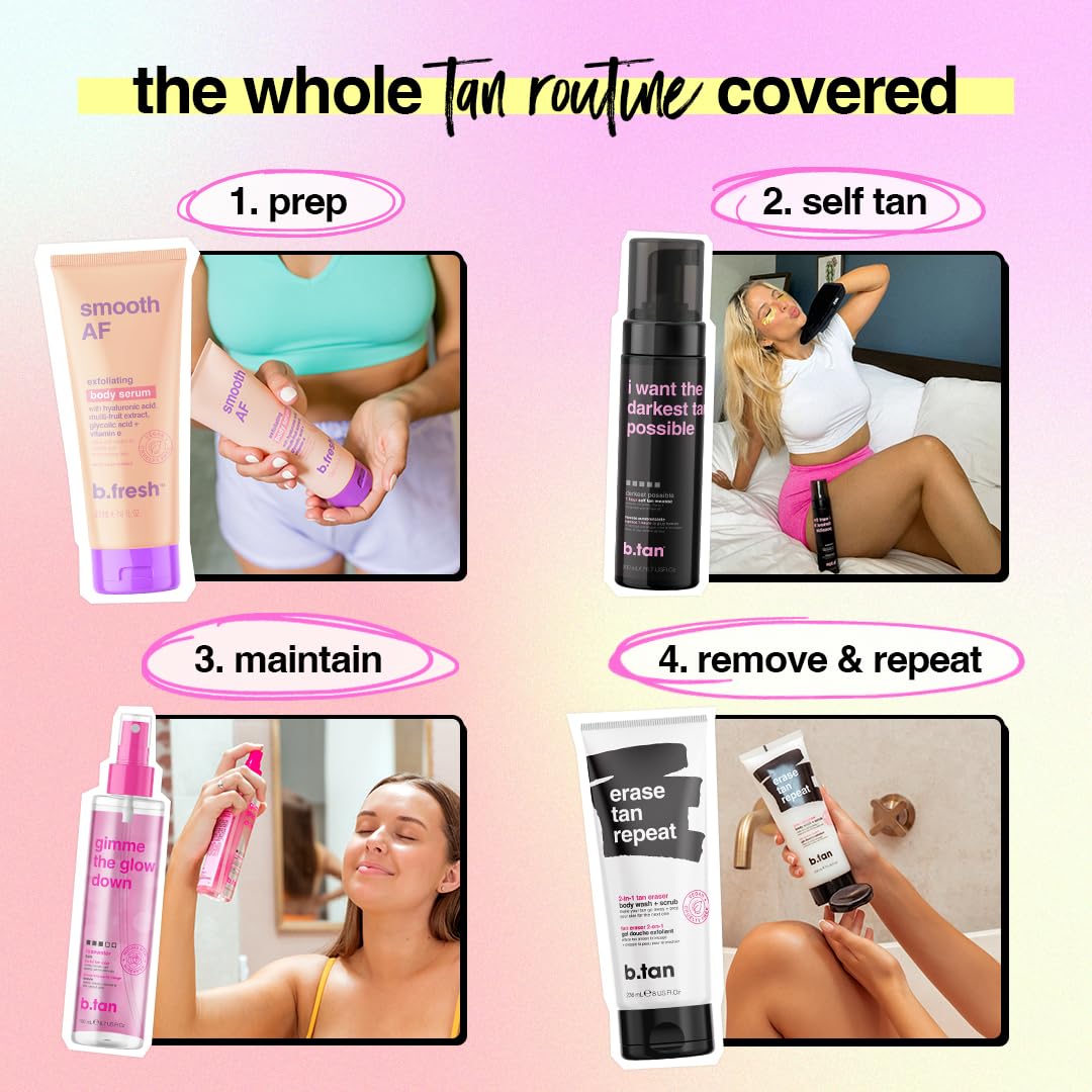 b.tan Dark Self Tanner Kit | Get The Darkest Tan Possible Bundle - Best Dark Self Tanning Mousse w Mitt Applicator, 1 Hour Sunless Tanner, Fast Bronzing Glow, No Fake Tan Smell, Vegan, 6.7 Fl Oz