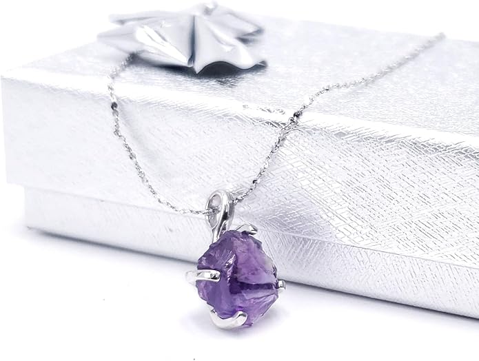 Natural raw gemstone pendant chain necklace with white gold over 925 solid sterling silver, birthstone dainty solitaire gift for her, uniquelan jewelry