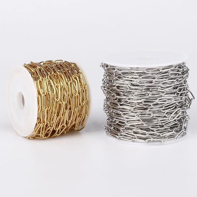 16.5FT 18K Gold Plated Paperclip Chains Roll, 4.3mm Gold Stainless Steel Textured Paperclip Link Chains Spool Bulk for Jewelry Making