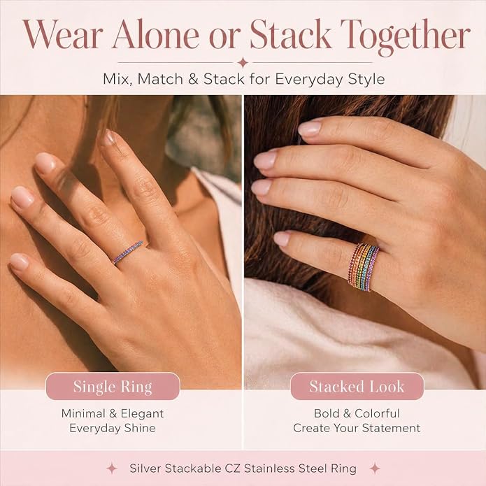 Birthstone Rings For Women, Silver Stackable Cubic Zirconia Stainless Steel Birth Stone Ring To My Daughter/Mom Birthday Unique Gifts Jewelry