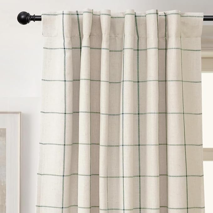 DriftAway 100% Blackout Plaid Linen Curtains W52xL63 Loden Green | 100% Blackout, Linen Texture, Plaid Pattern, Two Layers, Rod Pocket & Back Tab, Bedroom Living Room Use, Luxury Appearance