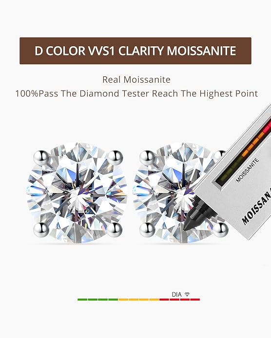 Moissanite Stud Earrings for Women, S925 Sterling Silver Screw Back Flat Back Earrings, Hypoallergenic 14K Gold/White Gold Plated Cartilage Piercing Studs, D Color VVS1 Round Cut 3-5mm