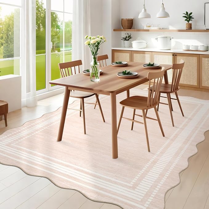 Garvee Washable Rug 8x10 Area Rugs for Living Room Bedroom, Non Slip Low Pile Solid Neutral Soft Carpet, Modern Scalloped Pattern, Faux Wool Floor Mats for Dining Room Home Office, Natural Ivory | Rugs for Living Room, Non-Slip Soft Carpet for Bedroom,...