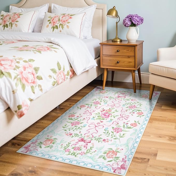 Collive 3x5 Nursery Rug, Boho Pink and Blue Floral Area Rugs Machine Washable, Soft Ultra-Thin Bow Carpet Non Slip for Girls Room Bedroom Entryway Playroom Living Room