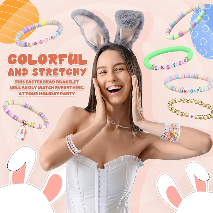 Equsion 100 Pcs Preppy Friendship Bracelets for Women Heishi Surfer Clay Stackable Bead Easter Boho Y2k Bracelets Gifts