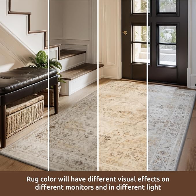 AMOAMI-2X6 Runner Rug-Washable Runners for Hallways-Soft Non Slip Bedside Rugs for Bedroom-Vintage Long Rug for Hallways Entryway Laundry Room Stair Kitchen Bathroom Beige